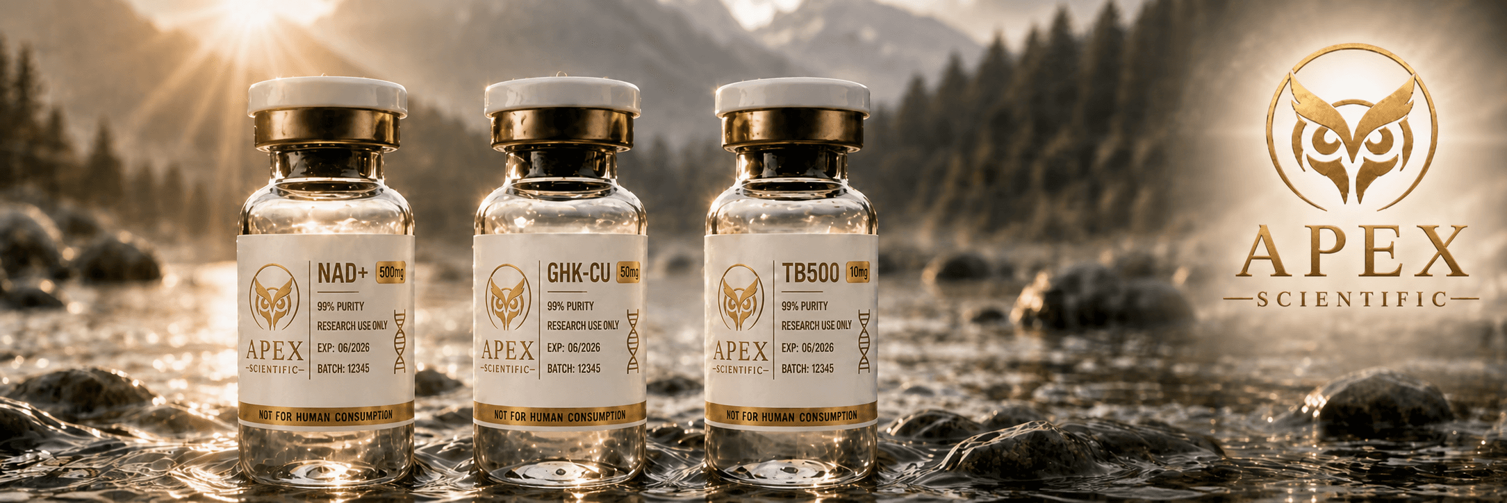 NAD+, GHK-CU, and TB500 Apex Scientific research vials in a sunlit alpine stream